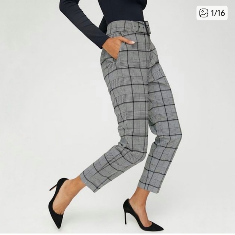 Aritzia Babaton Walker Belted Houndstooth Slim Check Trouser Pant Black White 0